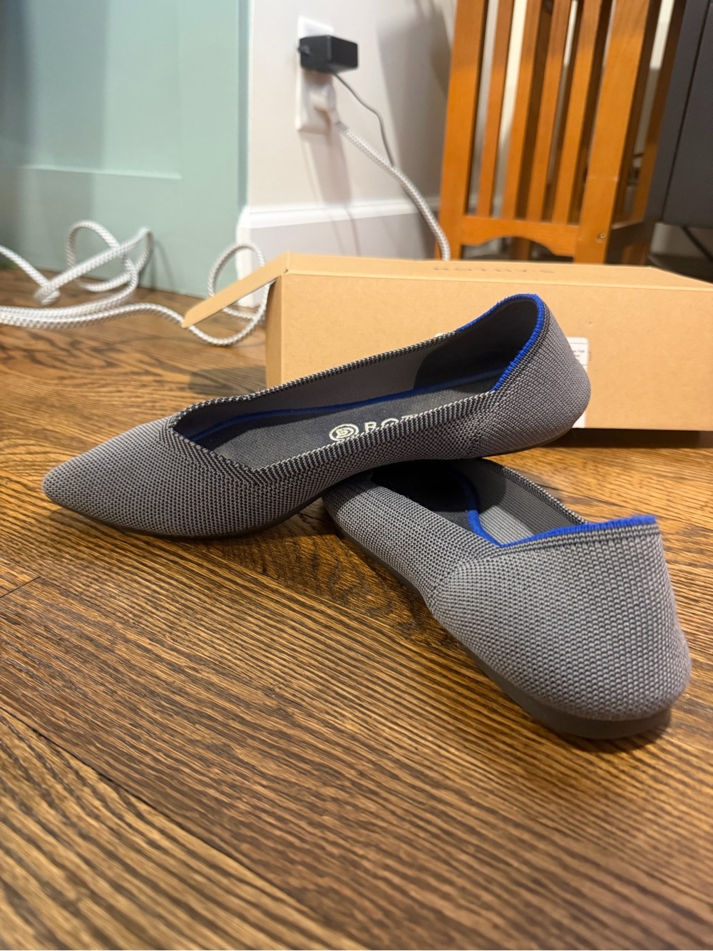 Rothy's Gray Pointed Toe Knit Flats with Blue Trim